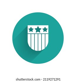 White Shield with stars and stripes icon isolated with long shadow. United States of America country flag. 4th of July. USA Independence day. Green circle button. Vector