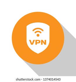 White Shield with VPN and wifi wireless internet network symbol icon isolated on white background. VPN protect safety concept. Orange circle button. Vector Illustration