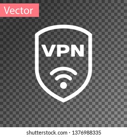 White Shield with VPN and wifi wireless internet network symbol icon isolated on transparent background. VPN protect safety concept. Vector Illustration