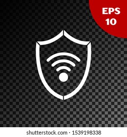 White Shield with WiFi wireless internet network symbol icon isolated on transparent dark background. Protection safety concept.  Vector Illustration