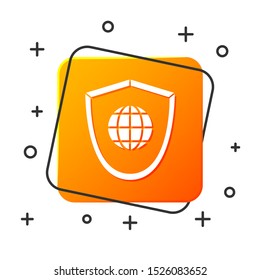 White Shield with world globe icon isolated on white background. Security, safety, protection, privacy concept. Orange square button. Vector Illustration