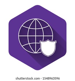 White Shield with world globe icon isolated with long shadow. Security, safety, protection, privacy concept. Purple hexagon button. Vector Illustration