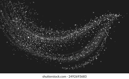 White shimmer with snow and star glitter. Magic dust with wind effect on black background. Can be used as png for Christmas and winter design. Realistic vector snowflake and sparkle texture.