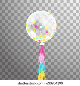 White, Shine, transparent balloon with colorful confetti and  ribbon garland isolated.  Party decorations for birthday, anniversary, celebration, event design. Vector illustration.