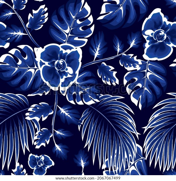 white shine tropical plants seamless pattern fashionable with navy monochromatic style monstered palm leaves and abstract flower on night background. Exotic tropics. 