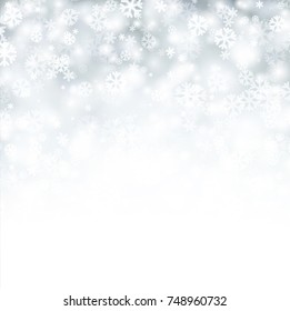 White shining bokeh winter background with snowflakes. Vector illustration.