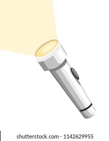 White shining flashlight. Metal flashlight with on off button. Flat vector illustration isolated on white background.