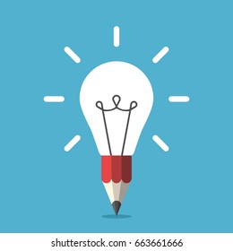 White shining light bulb combined with red graphite pencil on blue background. Idea, creativity, inspiration and insight concept. Flat design. Vector illustration. EPS 8, no transparency