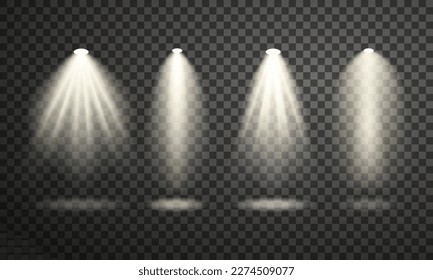 Luces brillantes blancos en el escenario. Ilustración vectorial aislada en fondo transparente. Conjunto de rayos de luz lisos. Elementos de diseño de efecto luminoso
