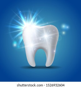 White shining tooth, concept whitening of human tooth. Teeth protection, tooth care dental medical vector icon. 3d vector illustration.