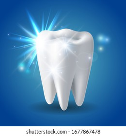 White shining tooth, concept whitening of human tooth. Teeth protection, tooth care dental medical vector icon. 3d vector illustration.