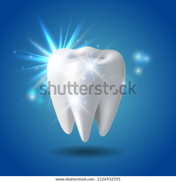 White shining tooth, concept whitening of\
human tooth. Teeth protection, tooth care dental medical vector\
icon. 3d vector\
illustration.