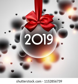 White shiny 2019 New Year background with transparent Christmas ball, red satin bow and abstract bubbles pattern. Greeting card or poster template. Vector illustration.
