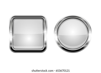 White shiny buttons. Round and square glass web icons with chrome frame. Vector 3d illustration isolated on white background