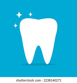 White shiny clean tooth dental cartoon character on blue background icon flat vector design.