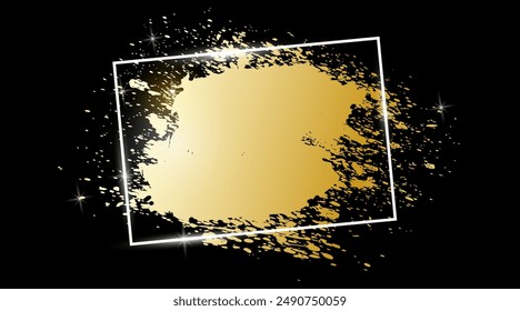 Weißer glänzender Rechteckrahmen mit goldenen Pinselstrichen auf schwarzem Hintergrund. Goldene Rahmeneinfassung für Einladung, Karte, Verkauf, Mode, Hochzeit, Druck. Vektorgrafik