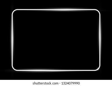 White shiny glowing vintage frame with shadows isolated or black background. White neon tube realistic rectangle border, vector illustration 