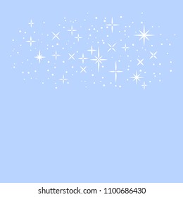 White shiny magical stars on blue, childish cartoon template, vector