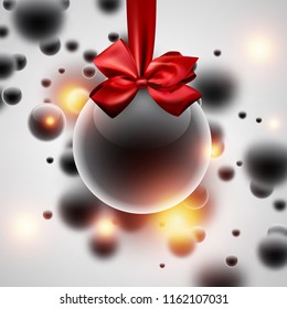 Weiß glänzender Neujahrshintergrund mit transparentem Weihnachtsball, rotem Satin-Bogen und abstraktem Blasenmuster. Grußkarte oder Plakatvorlage. Vektorgrafik.