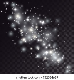 White shiny particles and stars trace on dark transparent background. Magical comet trail.