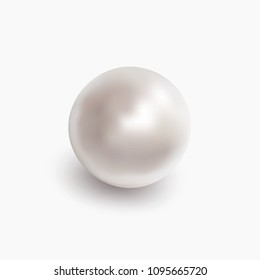 White shiny sea pearl. Spherical beautiful 3D orb with transparent glares and highlights. Jewelry gemstones. Isolated vector illustration on white background.