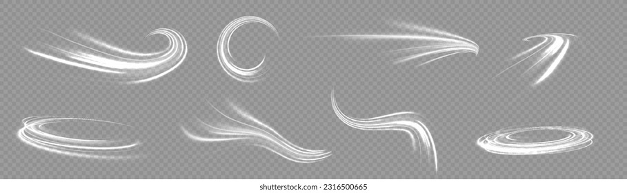 Chispas blancas brillantes de ola espiral. Giros de línea de velocidad brillante curvados. Sendero ondulado brillante. Giro mágico de oro con puntos destacados. Efecto de batido brillante. png vectorial