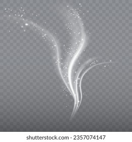 White shiny sparks of spiral wave. Curved bright speed line swirls. Shiny wavy path. Magic golden swirl with highlights. Glowing swirl bokeh effect.