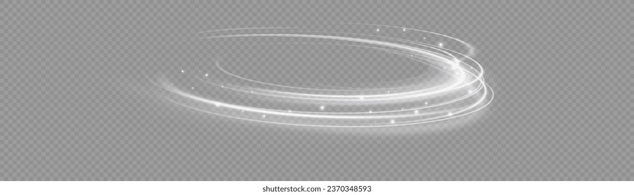 White shiny sparks of spiral wave. Curved bright speed line swirls. Shiny wavy path. Magic golden swirl with highlights. Glowing swirl bokeh effect.