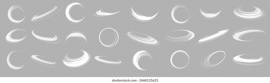 White shiny sparks of spiral wave. Curved bright speed line swirls. Shiny wavy path. Magic golden swirl with highlights. Glowing swirl bokeh effect