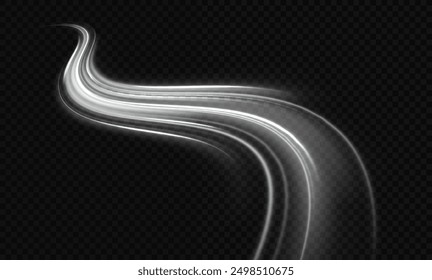 White shiny sparks of spiral wave. Curved bright speed line swirls. Shiny wavy path. Magic golden swirl with highlights. Glowing swirl bokeh effect. vortex, light, effect, white, lines, abstract