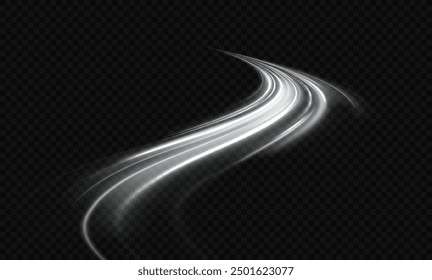 White shiny sparks of spiral wave. Curved bright speed line swirls. Shiny wavy path. Magic golden swirl with highlights. Glowing swirl bokeh effect. vortex, light, effect, white, lines, abstract