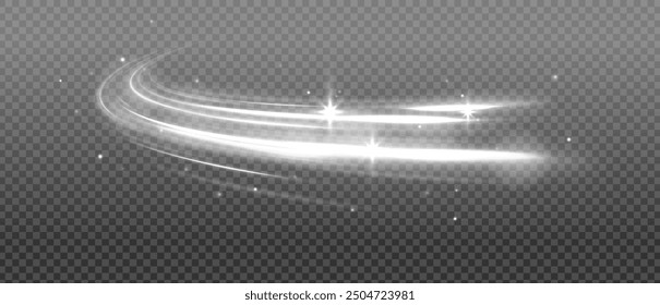 White shiny sparks spiral wave on gray transparent background. Rotating shiny half rings. Abstract sparkling swirl, wave.