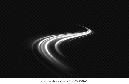 White shiny sparks of spiral wave. Curved bright speed line swirls. Shiny wavy path. Magic golden swirl with highlights. Glowing swirl bokeh effect. vortex, light, effect, white, lines, abstract