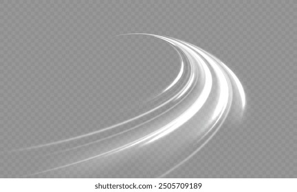 White shiny sparks of spiral wave. Curved bright speed line swirls. Shiny wavy path. Magic golden swirl with highlights. Glowing swirl bokeh effect. vortex, light, effect, white, lines, abstract