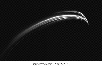 White shiny sparks of spiral wave. Curved bright speed line swirls. Shiny wavy path. Magic golden swirl with highlights. Glowing swirl bokeh effect. vortex, light, effect, white, lines, abstract