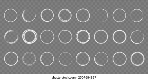 White shiny sparks of spiral wave. Shine round frame with light circles light effect. Semicircular wave, light trail curve swirl, incandescent optical fiber vector.