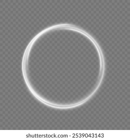 White shiny sparks of spiral wave. Shine round frame with light circles light effect. Semicircular wave, light trail curve swirl, incandescent optical fiber vector.