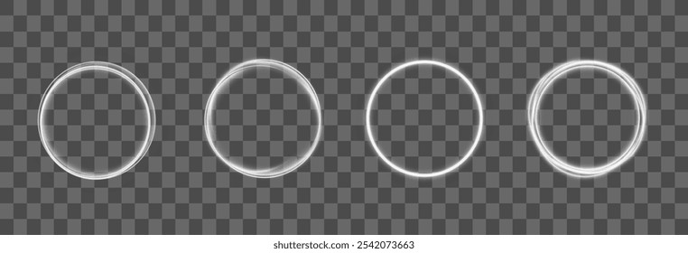 White shiny sparks of spiral wave. Shine round frame with light circles light effect. Semicircular wave, light trail curve swirl, incandescent optical fiber vector.