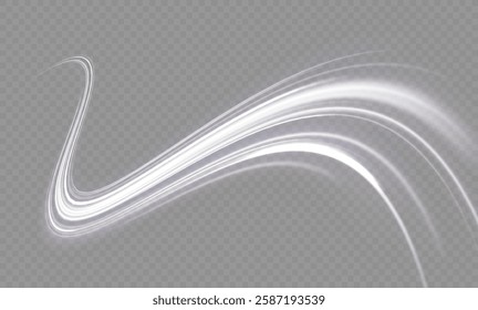White shiny sparks of spiral wave. Curved bright speed line swirls. Shiny wavy path. Magic golden swirl with highlights. Glowing swirl bokeh effect.