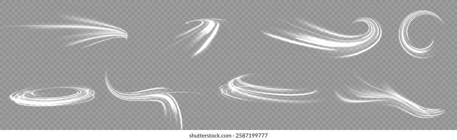 White shiny sparks of spiral wave. Curved bright speed line swirls. Shiny wavy path. Magic golden swirl with highlights. Glowing swirl bokeh effect.