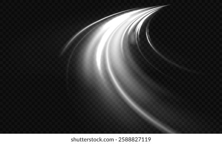 White shiny sparks of spiral wave. Curved bright speed line swirls. Shiny wavy path. Magic golden swirl with highlights. Glowing swirl bokeh effect.