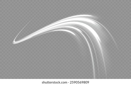 White shiny sparks of spiral wave. Curved bright speed line swirls. Shiny wavy path. Magic golden swirl with highlights. Glowing swirl bokeh effect.