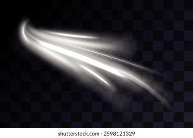 White shiny sparks of spiral wave. Curved bright speed line swirls. Shiny wavy path. Magic golden swirl with highlights. Glowing swirl bokeh effect.