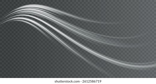 White shiny sparks of spiral wave. Imitation of the exit of cold air from the air conditioner. Vector illustration stream of fresh wind png.