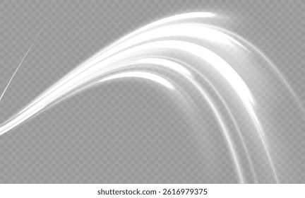 White shiny sparks of spiral wave. Curved bright speed line swirls. Shiny wavy path. Magic golden swirl with highlights. Glowing swirl bokeh effect. vortex, light, effect, white, lines, abstract.
