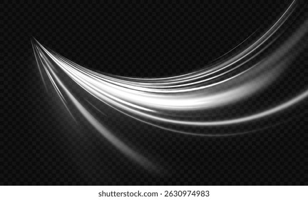 White shiny sparks of spiral wave. Curved bright speed line swirls. Shiny wavy path. Magic golden swirl with highlights. Glowing swirl bokeh effect. vortex, light, effect, white, lines, abstract.