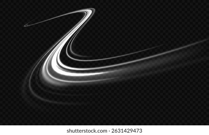Fagulhas brancas brilhantes de onda espiral. Redemoinhos curvos de linha de velocidade brilhante. Caminho ondulado brilhante. Espiral dourado mágico com destaques. Efeito de turbilhão brilhante. vórtice, luz, efeito, branco, linhas, resumo.