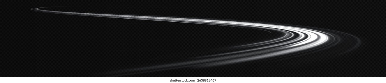White shiny sparks of spiral wave. Curved bright speed line swirls. Shiny wavy path. Magic golden swirl with highlights. Glowing swirl bokeh effect. vortex, light, effect, white, lines, abstract.