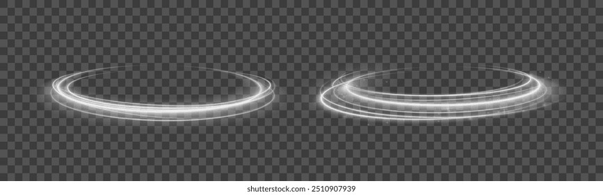 White shiny spiral wave. Curved motion line twirl. Glittering wavy trail. Swirling dynamic magic silver whirlwind. Glowing swirl light effect. Neon speed flying trails. Vector illustration.