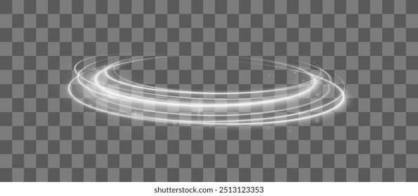 White shiny spiral wave. Curved motion line twirl. Glittering wavy trail. Swirling dynamic magic silver whirlwind. Glowing swirl light effect. Neon speed flying trails. Vector illustration.